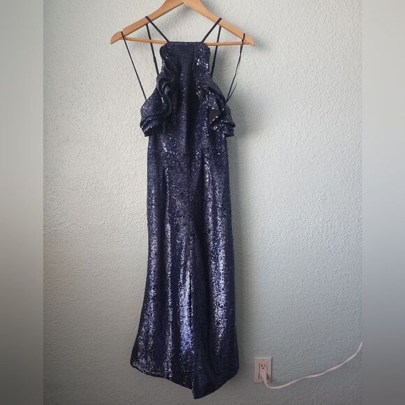 C/Meo collective sequin Ruffled halter  gown slit dress New With Tags - Picture 5 of 16